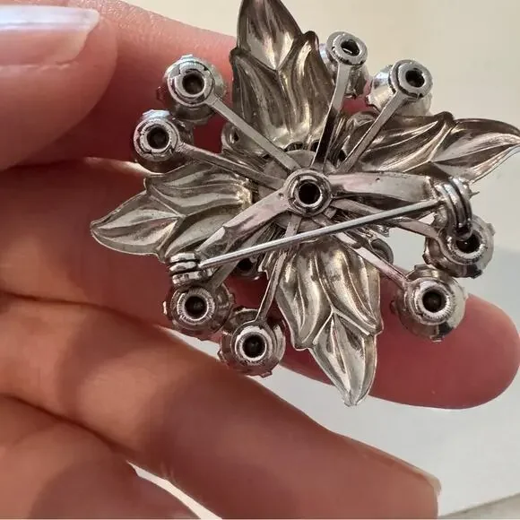 Vintage Silver Tone Rhinestone Brooch Estate Jewelry Leaf - Picture 3 of 5